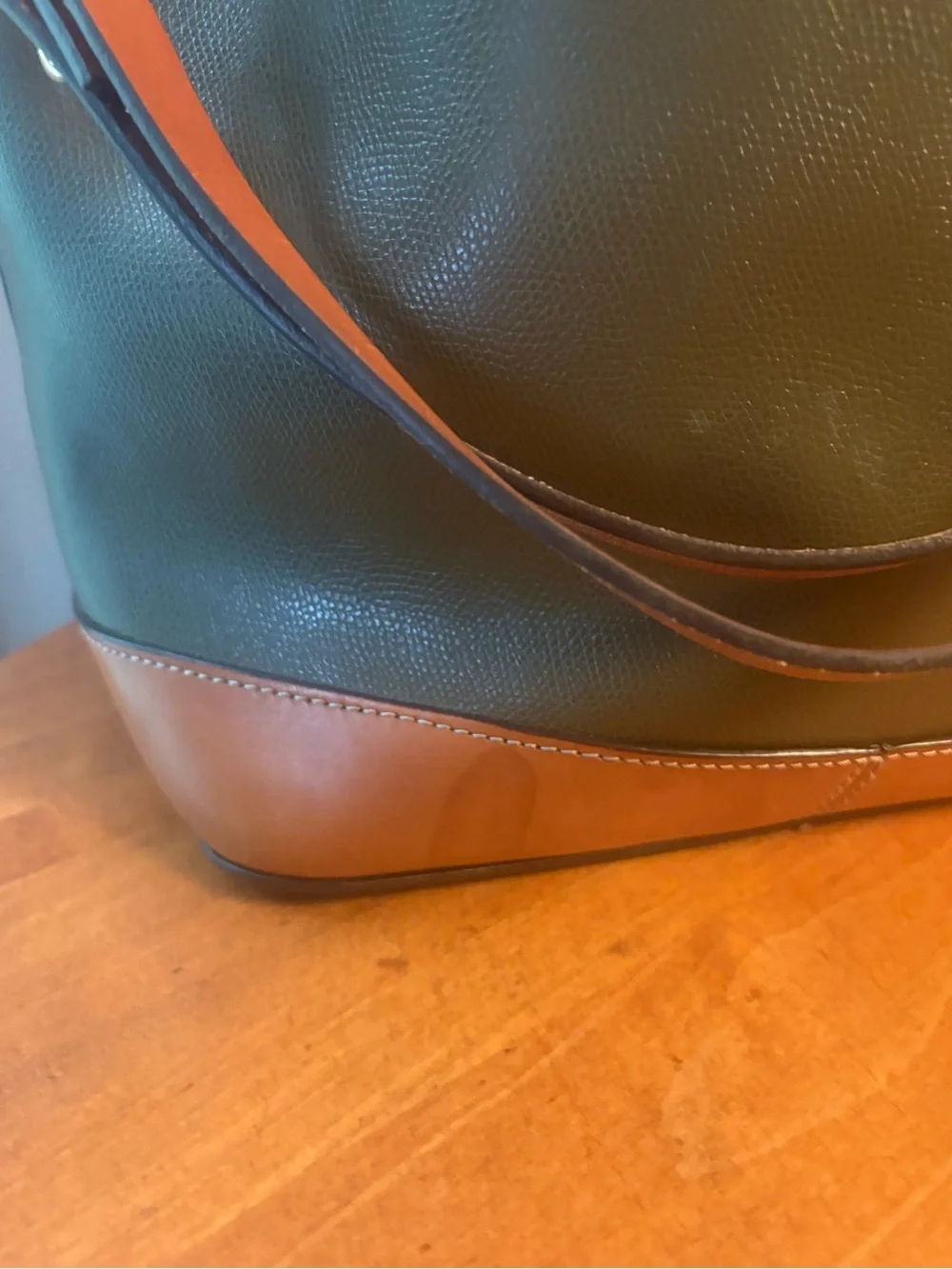 Dooney & Bourke Dark Green Leather Drawstring Bucket Bag with Tan Trim